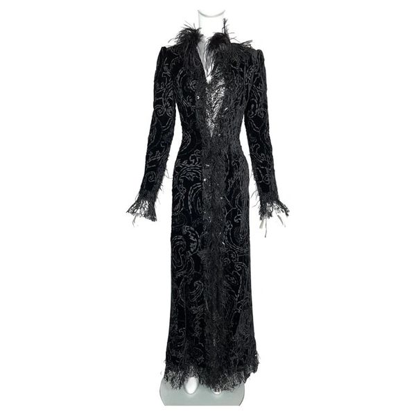 NWT F/W 2004 Oscar de la Renta Runway Black Goth Princess Lace & Feathers Maxi Coat Dress