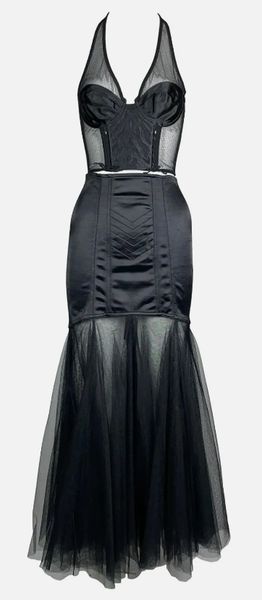 1990's Chantal Thomass Sheer Black Mesh Bustier & Tulle Mermaid Maxi Skirt Set