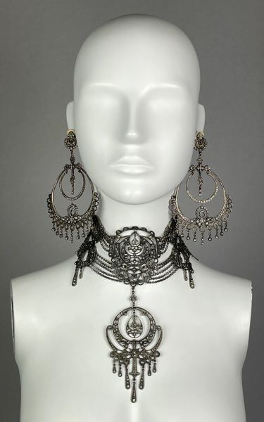 S/S 1999 Christian Dior by John Galliano Runway Huge Crucifix Cross Earrings & Choker Necklace