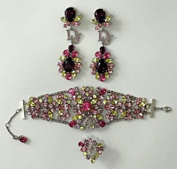 F/W 2007 Christian Dior by John Galliano Haute Couture Runway Large Pastel Crystal Earrings Bracelet & Ring Set