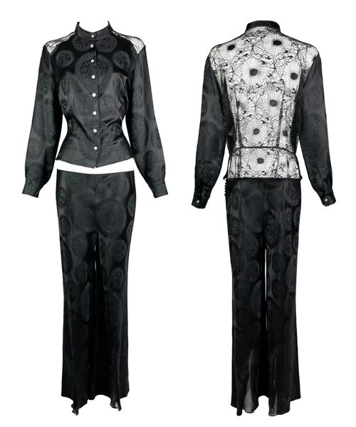F/W 2002 John Galliano Black Silk Cheongsam Chinoiserie Sheer Lace Pant Suit