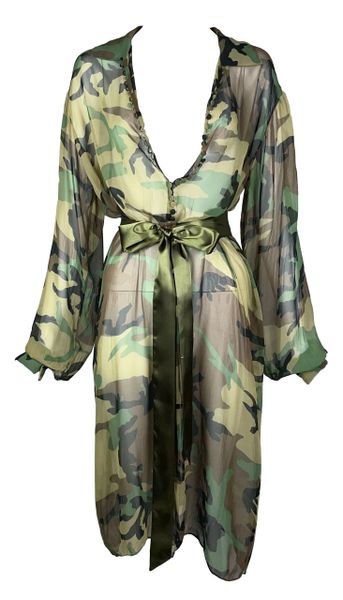 C. 2001 Christian Dior by John Galliano Sheer Silk Camo Print Long Shirt Dress w Belt