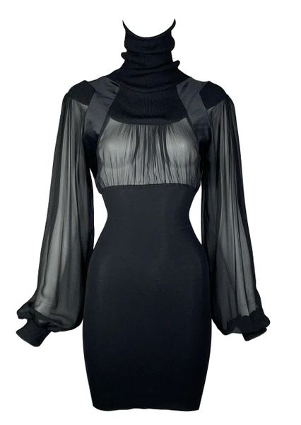 C. 2003 Gianfranco Ferre Sheer Black Silk High Neck Bodycon Mini Dress