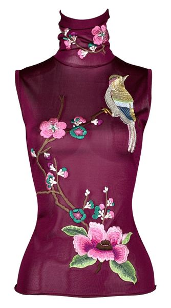 F/W 2003 Christian Dior by John Galliano Semi-Sheer Knit Japanese Bird Embroidered Top