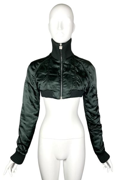 F/W 2003 Chanel by Karl Lagerfeld Runway Cropped Green Satin Puffer Bomber Jacket