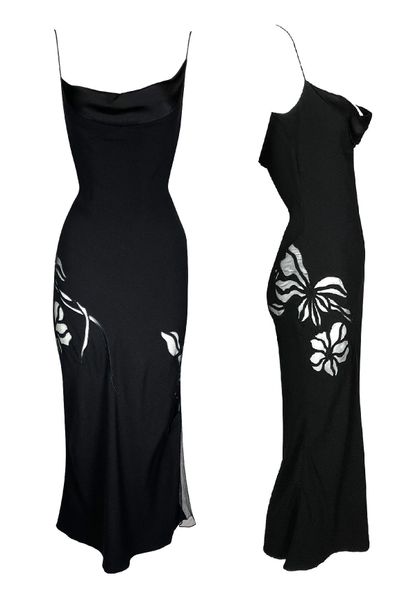 F/W 2000 John Galliano Black Sheer Mesh Cut-Out Floral Midi Dress