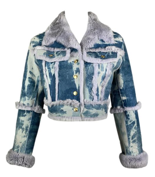 F/W 2000 Christian Dior by John Galliano Runway Blue Tie Dye Leather & Fur Cropped Jacket