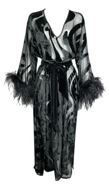 Vintage 1990's Valentino Intimo Sheer Black Velvet & Feather Dress