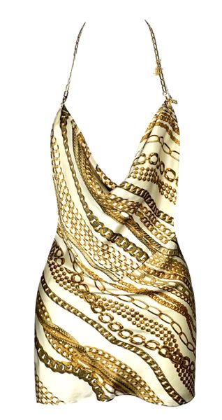 2003 Roberto Cavalli Ivory Silk Gold Chain Print Necklace Halter Micro Mini Dress Top