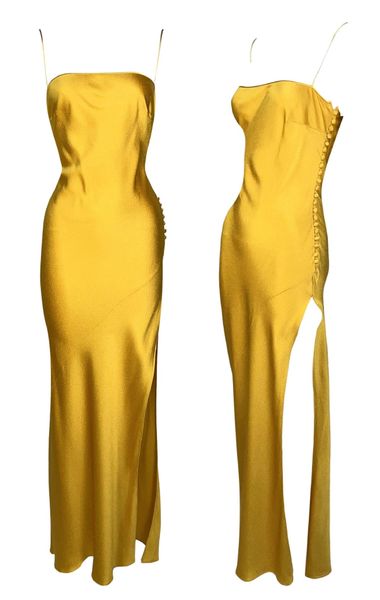 F/W 1999 Christian Dior by John Galliano Runway Gold Marigold Satin Maxi Slip Dress w High Slit