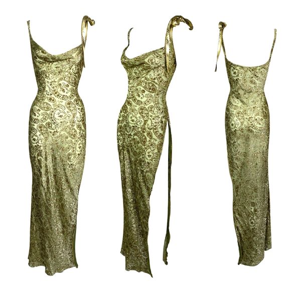 S/S 2001 Christian Dior by John Galliano Green & Gold Sheer Silk High Zipper Slit Gold Snakeskin Maxi Dress