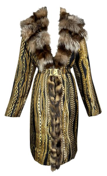 F/W 2003 Roberto Cavalli Gold Chain Print Silk Puffer Coat Jacket w Fox Fur Collar