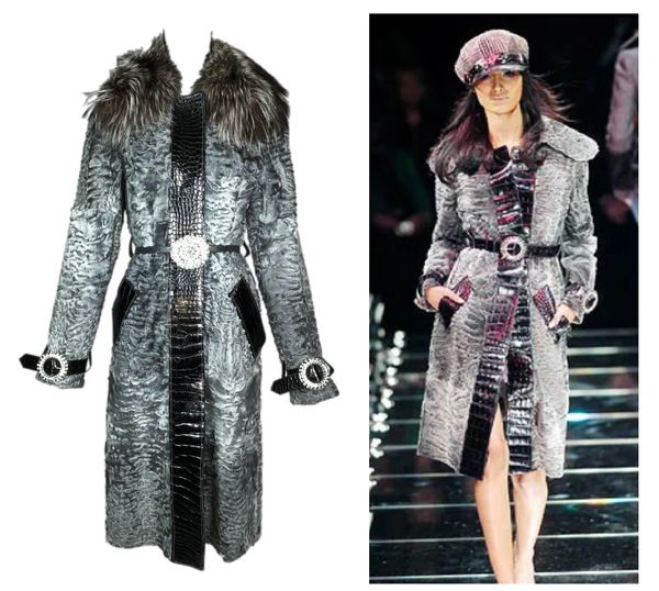 F/W 2005 Dolce & Gabbana Runway Silver Broadtail Fox Fur & Crocodile Long Crystal Coat