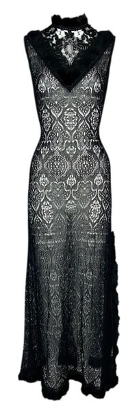 C. 1997 Christian Dior by John Galliano Sheer Black Knit & Lace High Slit Fur Trim Maxi Dress