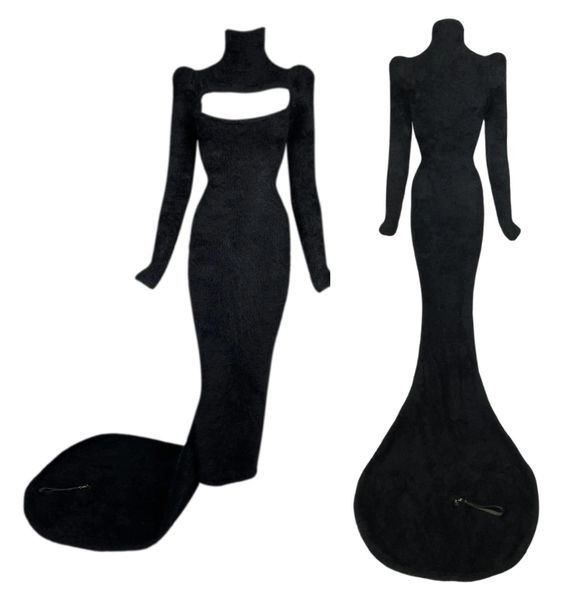 F/W 2011 Dsquared2 Fuzzy Black Plunging Cut-Out Bodycon Wiggle Gown Dress w Long Train