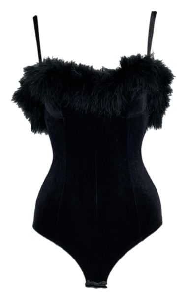 Vintage 1990's Dolce & Gabbana Black Stretch Velvet Feather Trim Bodysuit Top
