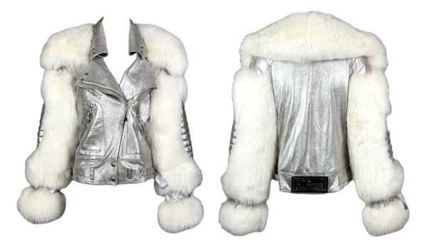 S/S 2004 Christian Dior by John Galliano Runway Silver Leather & White Fox Fur Biker Jacket