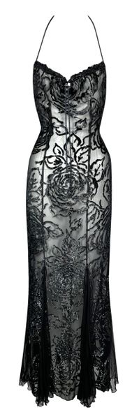 F/W 2001 Christian Dior by John Galliano Sheer Metallic Black Halter Drawstring Mermaid Maxi Dress