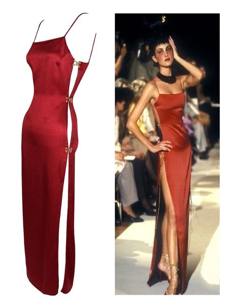 F/W 1997 Christian Dior by John Galliano Runway Red Cut-Out Gold Hooks Maxi Dress