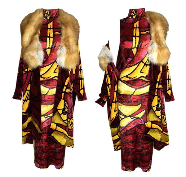 F/W 2000 Christian Dior by John Galliano Velvet Stained Glass Bodycon Dress & Matching Opera Coat w Fox Fur