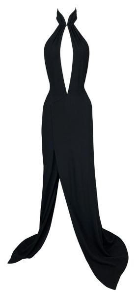 Vintage F/W 2001 Ralph Lauren Collection Black Goth Princess Choker Plunging Gown Dress w High Slit