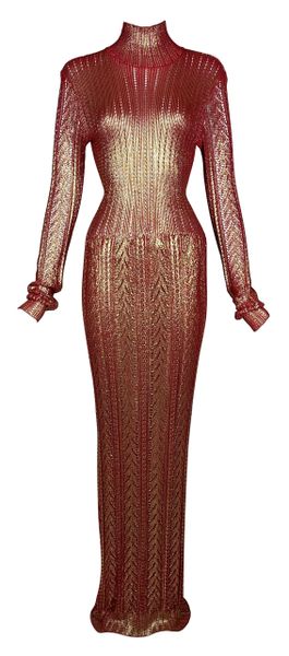 F/W 1999 Christian Dior by John Galliano Red & Gold Knit L/S Bodycon Extra Long Maxi Dress