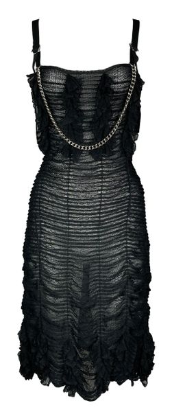 S/S 2003 Christian Dior by John Galliano Sheer Black Ruched Dress w Silver Buckles & Chain