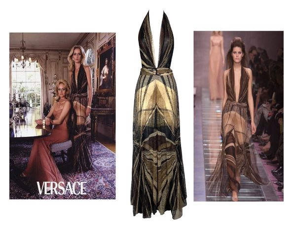 F/W 2000 Gianni Versace Runway 1970's Style Brown Lace & Silk Plunging Maxi Dress