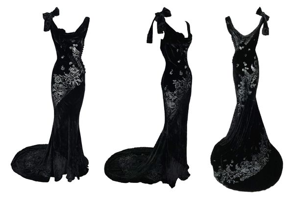 F/W 2006 John Galliano Black Goth Princess Sheer Velvet Burnout Bow Gown Dress w Train