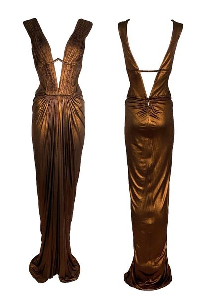F/W 2007 Roberto Cavalli Runway Cleopatra Egyptian Plunge V-Neck Copper Fitted Maxi Dress