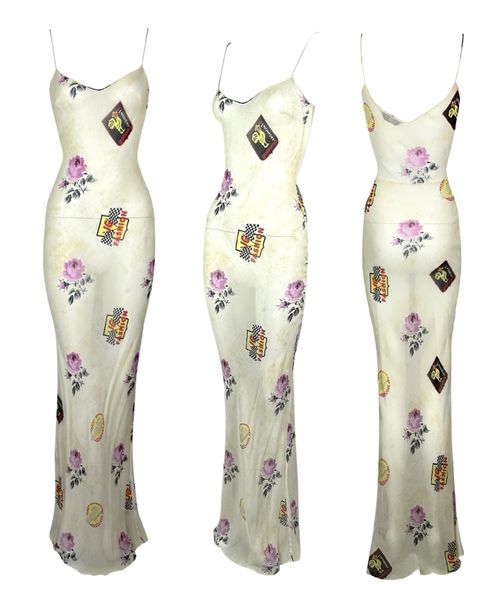 S/S 2002 John Galliano Formula 1 Racing Roses Print Sheer Ivory Silk Extra Long Slip Maxi Dress