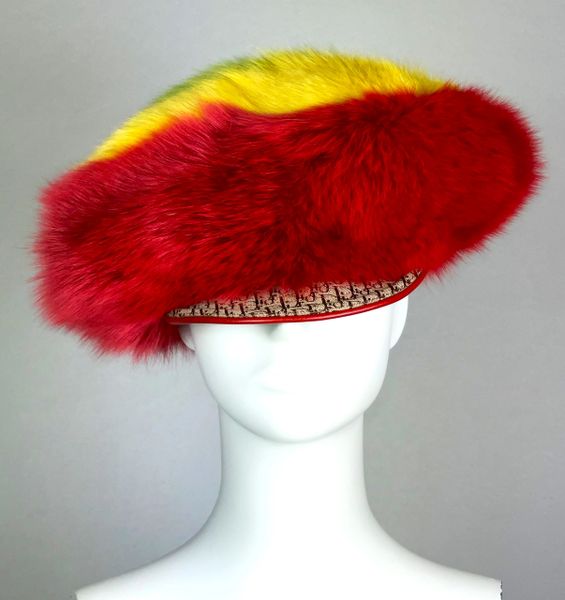 2004 Christian Dior by John Galliano Rasta Red & Yellow Fox Fur Hat
