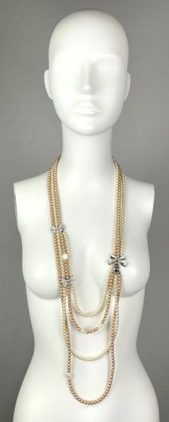 2000's Christian Dior by John Galliano Long Layered Ivory & Champagne Pearl Crystal Bow Necklace