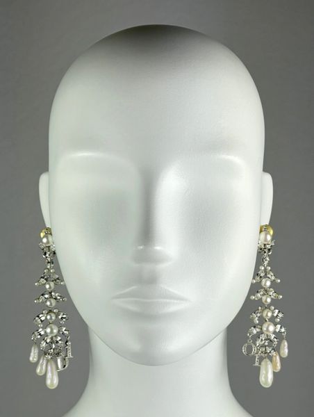 2000's Christian Dior by John Galliano Extra Long Crystal Logo Pearl Chandelier Earrings