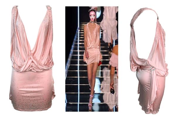 NWT F/W 2003 Christian Dior by John Galliano Runway Pastel Pink Plunging Crystal Mini Dress