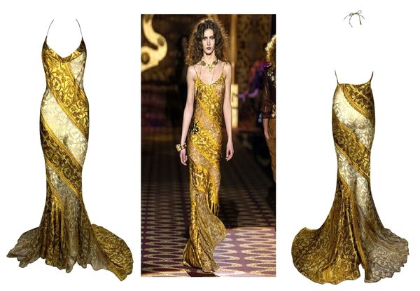 F/W 2004 Roberto Cavalli Runway Sheer Gold Baroque Silk Halter Gown Dress w Train