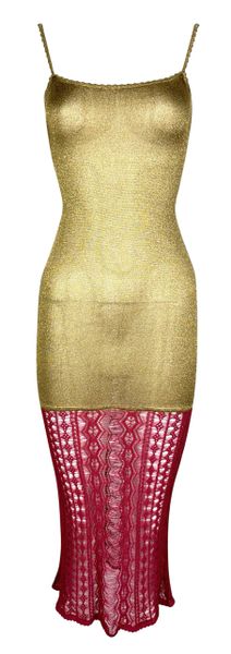 F/W 1999 Christian Dior by John Galliano Sheer Gold & Red Knit Bodycon Midi Dress