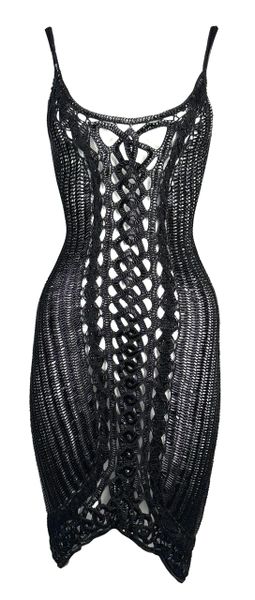 Vintage 1990's Valentino Sheer Black Knit Beaded Bodycon Dress