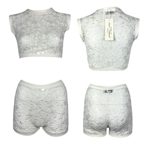 Vintage 1990's Dolce & Gabbana Sheer White Floral Mesh Crop Top & Shorts Set