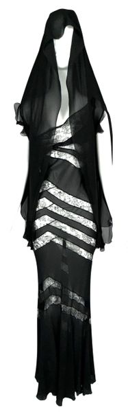 F/W 2004 Christian Dior by John Galliano Sheer Black Silk & Lace Dress w Hooded Veil Top