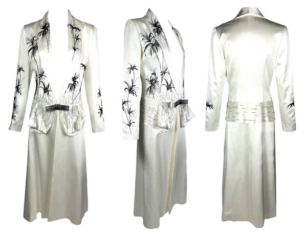 S/S 2006 Christian Dior by John Galliano Old Hollywood Ivory Silk Beaded Plunging Tuxedo Maxi Dress Coat