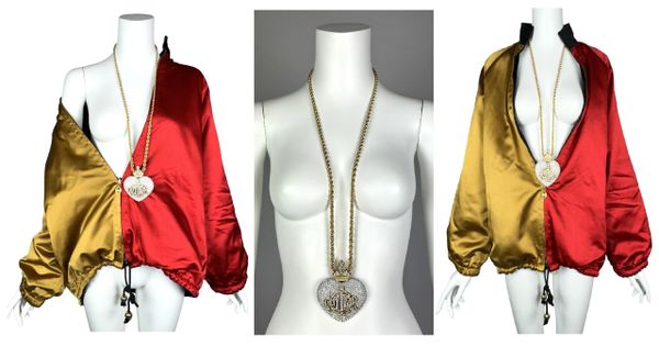 F/W 1992 & F/W 1990 Christian Dior by Gianfranco Ferre Runway Gold & Red Crystal Embellished Baggy Jacket & Huge Crystal Hear Chunky Gold Necklace