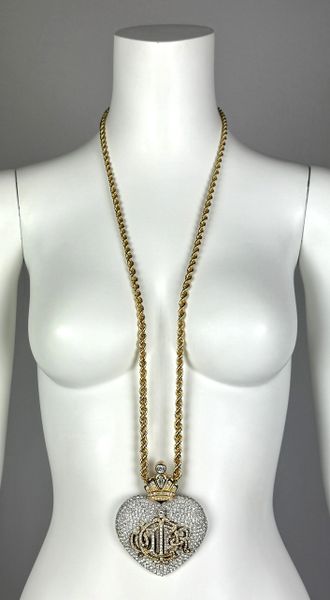 F/W 1992 Christian Dior by Gianfranco Ferre Runway Large Gold Crystal Heart and Chunky Gold Chain Necklace