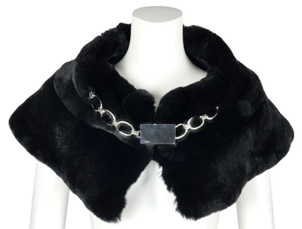 C. 2004 Christian Dior by John Galliano Black Fur Chunky Chain Shawl Wrap Mini Skirt