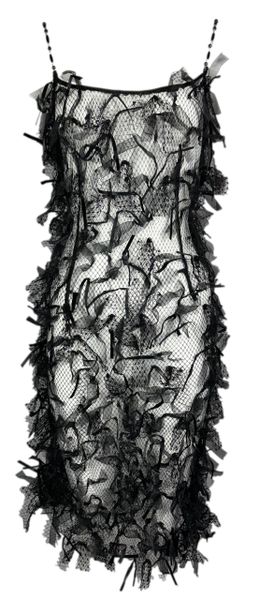 NWT C. 2003 Gianfranco Ferre Sheer Black Fishnet Bow Embellished Necklace Strap Mini Dress