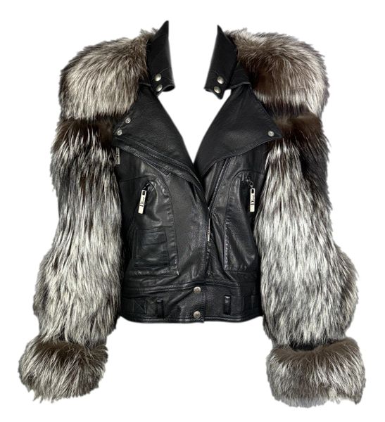 2004 Christian Dior by John Galliano Black Leather Fox Fur Metal Plate Biker Motorcycle Jacket