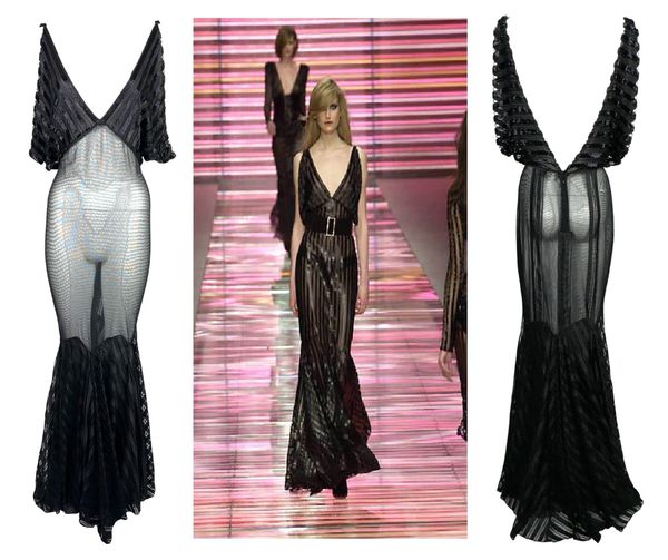 F/W 2001 Gianni Versace Sheer Black Silk & Mesh Beaded Plunging 20's Style Mermaid Maxi Dress