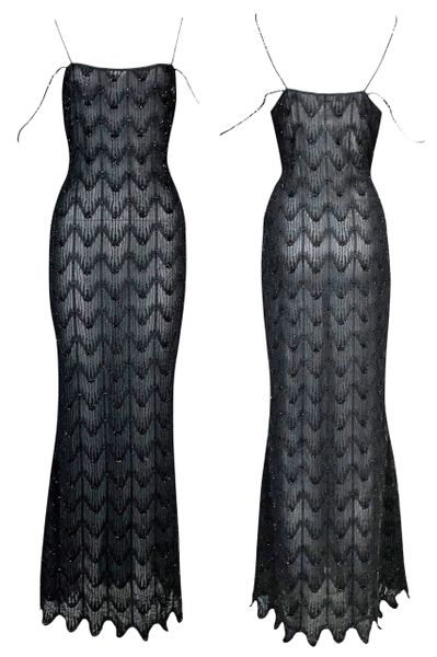 1999 Christian Dior by John Galliano Sheer Black Beaded 1920's Style Maxi Dress