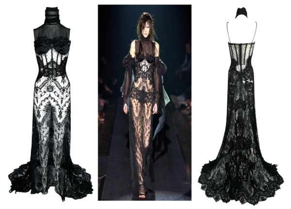 F/W 2003 Gianfranco Ferre Runway Sheer Black Goth Queen High Neck Black Lace & Mesh Gown Dress w Train