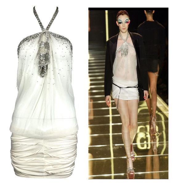 S/S 2003 Christian Dior by John Galliano Runway 20's Flapper Style Sheer White Silk Crystal Embellished Mini Dress